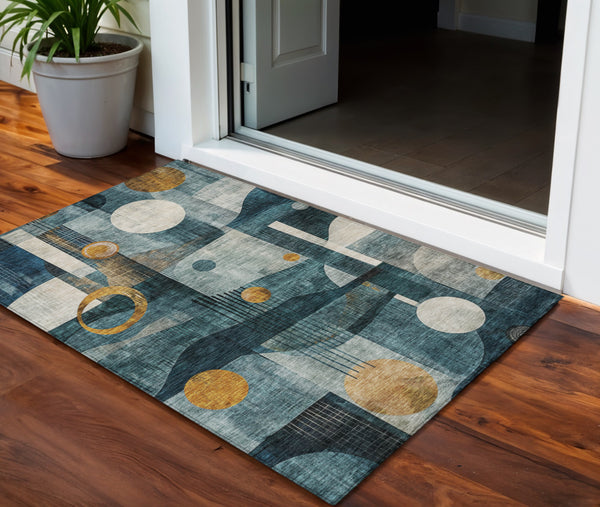 Homeroots 3' Elevate Your Space With A Teal Blue, Ivory, And Gold Geometric Washable Area Rug For Indoor/Outdoor Use 3' X 5' Polyester 604506