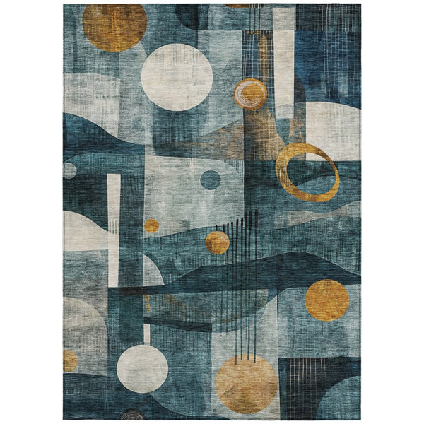 Homeroots 3' Elevate Your Space With A Teal Blue, Ivory, And Gold Geometric Washable Area Rug For Indoor/Outdoor Use 5' X 8' Polyester 604507
