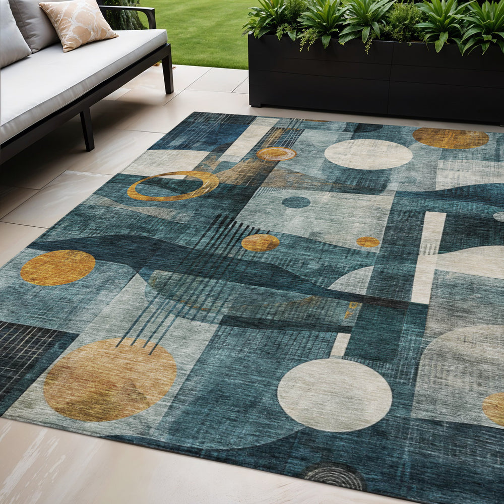 Homeroots 3' Elevate Your Space With A Teal Blue, Ivory, And Gold Geometric Washable Area Rug For Indoor/Outdoor Use 5' X 8' Polyester 604507