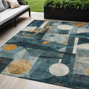 Homeroots 3' Elevate Your Space With A Teal Blue, Ivory, And Gold Geometric Washable Area Rug For Indoor/Outdoor Use 5' X 8' Polyester 604507
