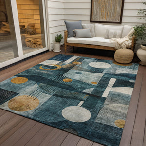 Homeroots 3' Elevate Your Space With A Teal Blue, Ivory, And Gold Geometric Washable Area Rug For Indoor/Outdoor Use 5' X 8' Polyester 604507
