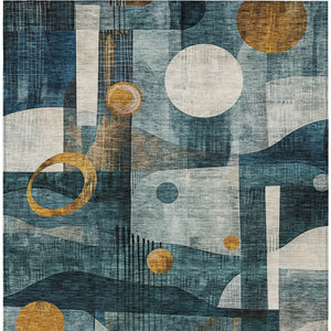 Homeroots 3' Elevate Your Space With A Teal Blue, Ivory, And Gold Geometric Washable Area Rug For Indoor/Outdoor Use 5' X 8' Polyester 604507