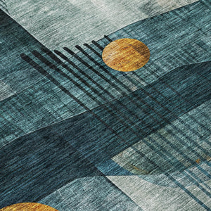 Homeroots 3' Elevate Your Space With A Teal Blue, Ivory, And Gold Geometric Washable Area Rug For Indoor/Outdoor Use 5' X 8' Polyester 604507