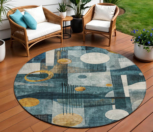Homeroots 3' Elevate Your Space With A Teal Blue, Ivory, And Gold Geometric Washable Area Rug For Indoor/Outdoor Use 8' Round Polyester 604508