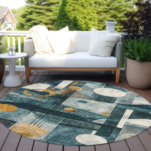 Homeroots 3' Elevate Your Space With A Teal Blue, Ivory, And Gold Geometric Washable Area Rug For Indoor/Outdoor Use 8' Round Polyester 604508