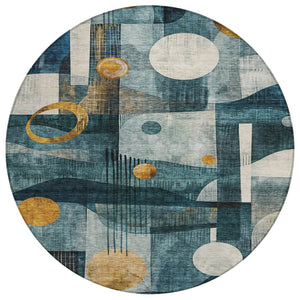 HomeRoots 5' Teal Blue, Ivory, and Gold Geometric Area Rug – Durable, Washable, Stylish for Indoor & Outdoor Use 8' Round 604508