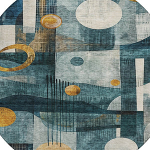Homeroots 3' Elevate Your Space With A Teal Blue, Ivory, And Gold Geometric Washable Area Rug For Indoor/Outdoor Use 8' Round Polyester 604508