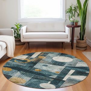 Homeroots 3' Elevate Your Space With A Teal Blue, Ivory, And Gold Geometric Washable Area Rug For Indoor/Outdoor Use 8' Round Polyester 604508