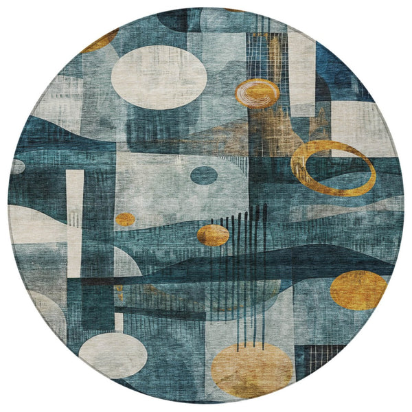 Homeroots 3' Elevate Your Space With A Teal Blue, Ivory, And Gold Geometric Washable Area Rug For Indoor/Outdoor Use 8' Round Polyester 604508