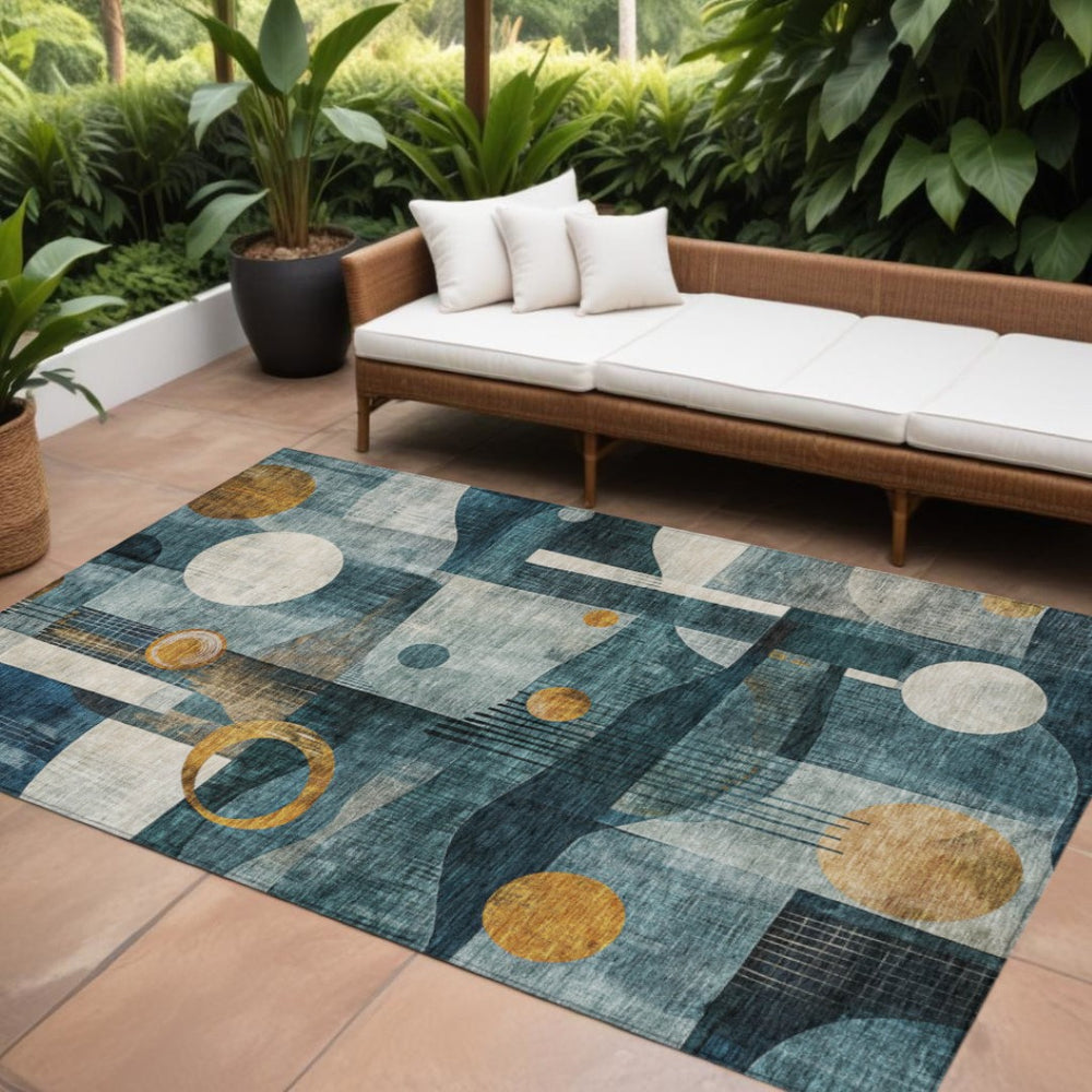 HomeRoots 5' Teal Blue, Ivory, and Gold Geometric Area Rug – Durable, Washable, Stylish for Indoor & Outdoor Use 8' X 10' 604509