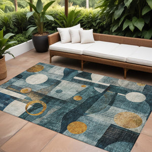 Homeroots 3' Elevate Your Space With A Teal Blue, Ivory, And Gold Geometric Washable Area Rug For Indoor/Outdoor Use 8' X 10' Polyester 604509