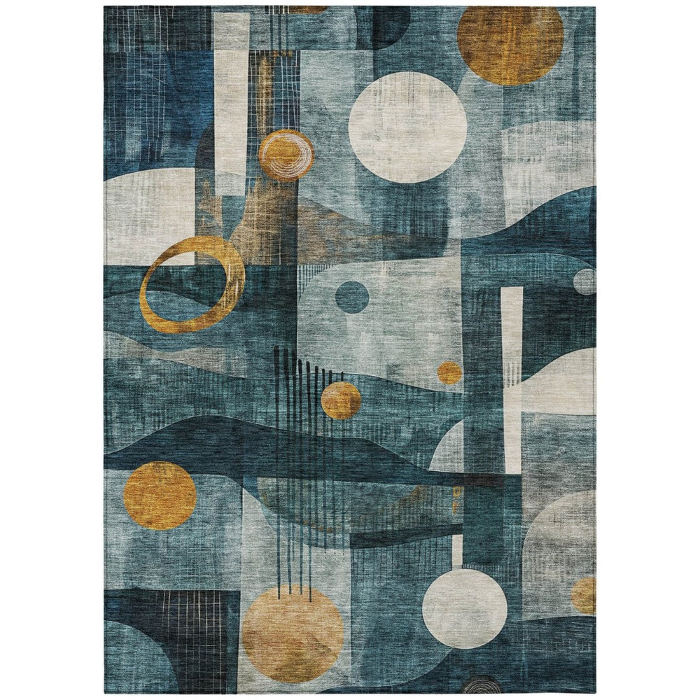 HomeRoots 5' Teal Blue, Ivory, and Gold Geometric Area Rug – Durable, Washable, Stylish for Indoor & Outdoor Use 8' X 10' 604509