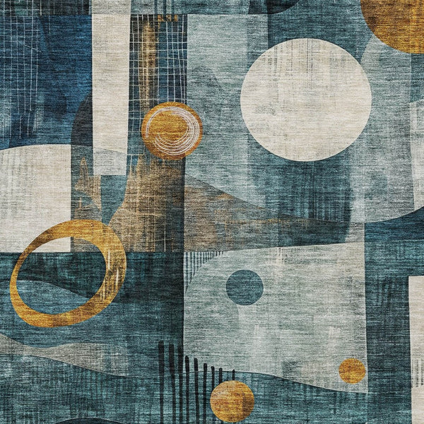 Homeroots 3' Elevate Your Space With A Teal Blue, Ivory, And Gold Geometric Washable Area Rug For Indoor/Outdoor Use 8' X 10' Polyester 604509