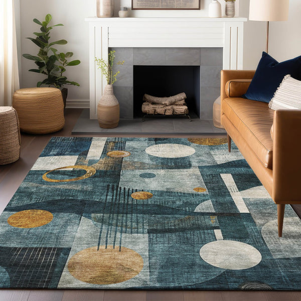 Homeroots 3' Elevate Your Space With A Teal Blue, Ivory, And Gold Geometric Washable Area Rug For Indoor/Outdoor Use 8' X 10' Polyester 604509