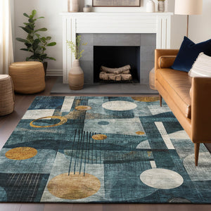 Homeroots 3' Elevate Your Space With A Teal Blue, Ivory, And Gold Geometric Washable Area Rug For Indoor/Outdoor Use 9' X 12' Polyester 604510