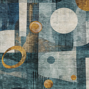 Homeroots 3' Elevate Your Space With A Teal Blue, Ivory, And Gold Geometric Washable Area Rug For Indoor/Outdoor Use 10' X 14' Polyester 604511