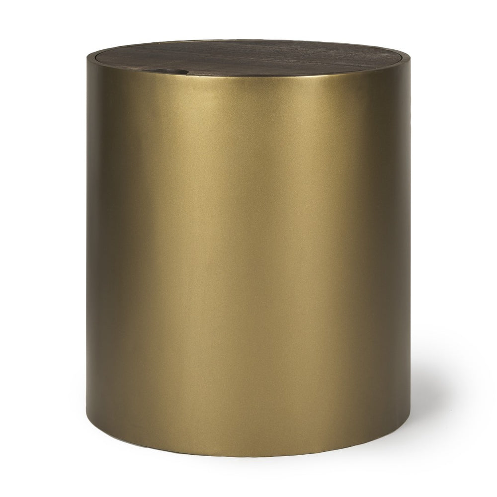 HomeRoots 22" Antiqued Gold and Brown Drum End Table with Storage - Rustic Chic Design for Any Room 604536