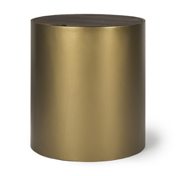HomeRoots 22" Antiqued Gold and Brown Drum End Table with Storage - Rustic Chic Design for Any Room 604536