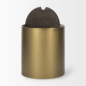 Homeroots 22" Antiqued Gold And Brown Drum End Table With Hidden Storage - Rustic Metal & Wood Design   604536