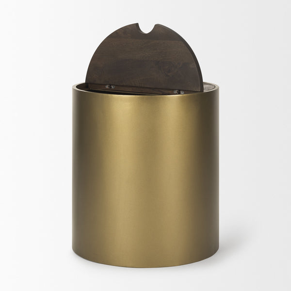 Homeroots 22" Antiqued Gold And Brown Drum End Table With Hidden Storage - Rustic Metal & Wood Design   604536