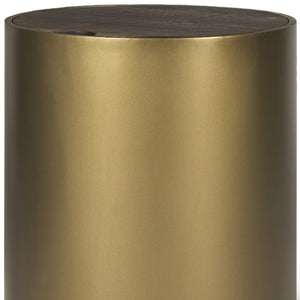 Homeroots 22" Antiqued Gold And Brown Drum End Table With Hidden Storage - Rustic Metal & Wood Design   604536