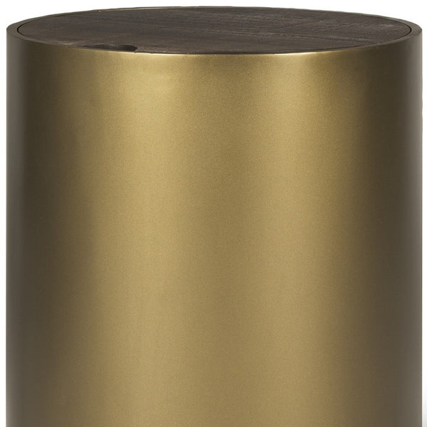 Homeroots 22" Antiqued Gold And Brown Drum End Table With Hidden Storage - Rustic Metal & Wood Design   604536