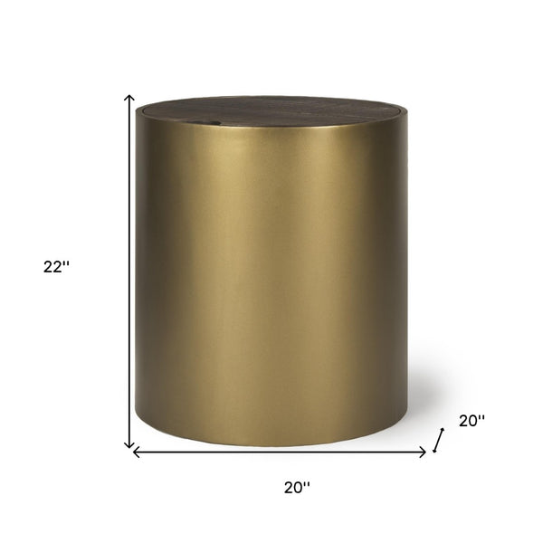 Homeroots 22" Antiqued Gold And Brown Drum End Table With Hidden Storage - Rustic Metal & Wood Design   604536