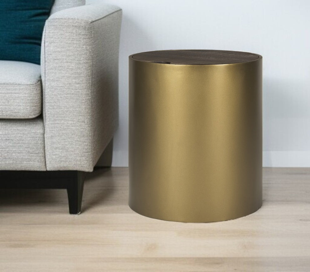 HomeRoots 22" Antiqued Gold and Brown Drum End Table with Storage - Rustic Chic Design for Any Room 604536