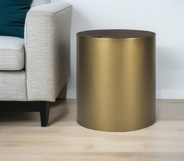 Homeroots 22" Antiqued Gold And Brown Drum End Table With Hidden Storage - Rustic Metal & Wood Design   604536