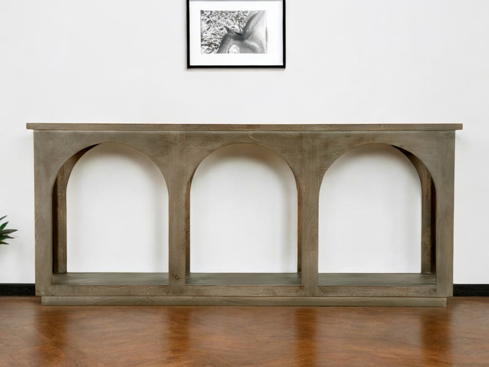 Homeroots 77" Brown Distressed Solid Wood Console Table With Unique Arch Detailing For Timeless Elegance   604539