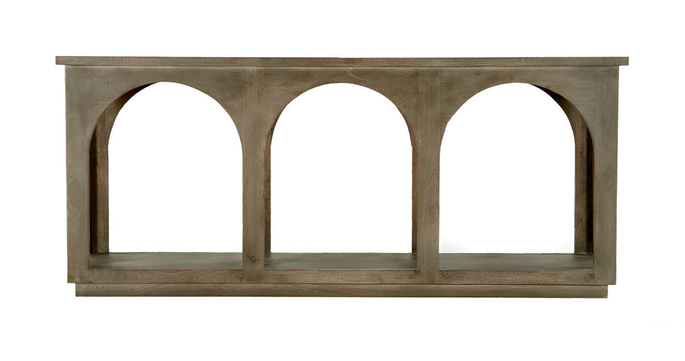 HomeRoots 77" Brown Solid Wood Console Table - Distressed Finish, Stylish Arch Detail, Versatile Storage Solution 604539