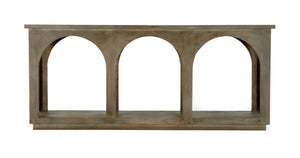 HomeRoots 77" Brown Solid Wood Console Table - Distressed Finish, Stylish Arch Detail, Versatile Storage Solution 604539