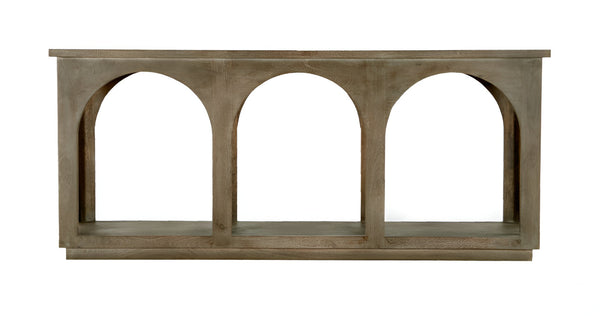 HomeRoots 77" Brown Solid Wood Console Table - Distressed Finish, Stylish Arch Detail, Versatile Storage Solution 604539
