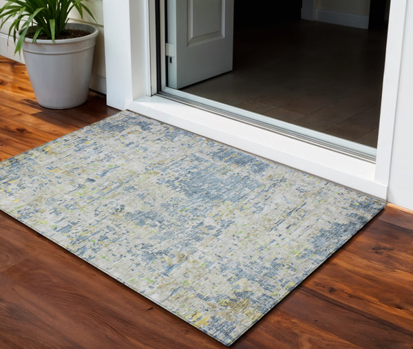 Homeroots 3' Blue Gray And Green Abstract Washable Area Rug For Indoor And Outdoor Spaces, Durable Design 3' X 5' Polyester 604541