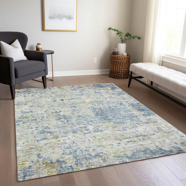 Homeroots 3' Blue Gray And Green Abstract Washable Area Rug For Indoor And Outdoor Spaces, Durable Design 3' X 5' Polyester 604541