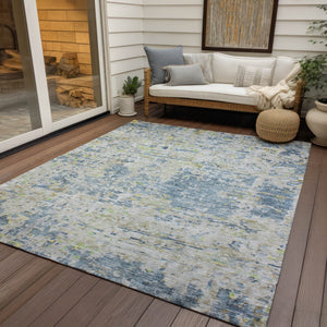 Homeroots 3' Blue Gray And Green Abstract Washable Area Rug For Indoor And Outdoor Spaces, Durable Design 5' X 8' Polyester 604542