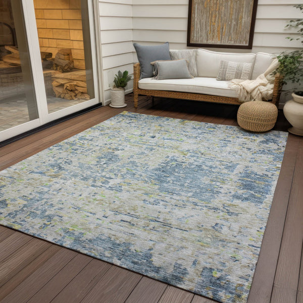 Homeroots 3' Blue Gray And Green Abstract Washable Area Rug For Indoor And Outdoor Spaces, Durable Design 5' X 8' Polyester 604542