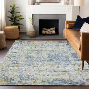 Homeroots 3' Blue Gray And Green Abstract Washable Area Rug For Indoor And Outdoor Spaces, Durable Design 5' X 8' Polyester 604542