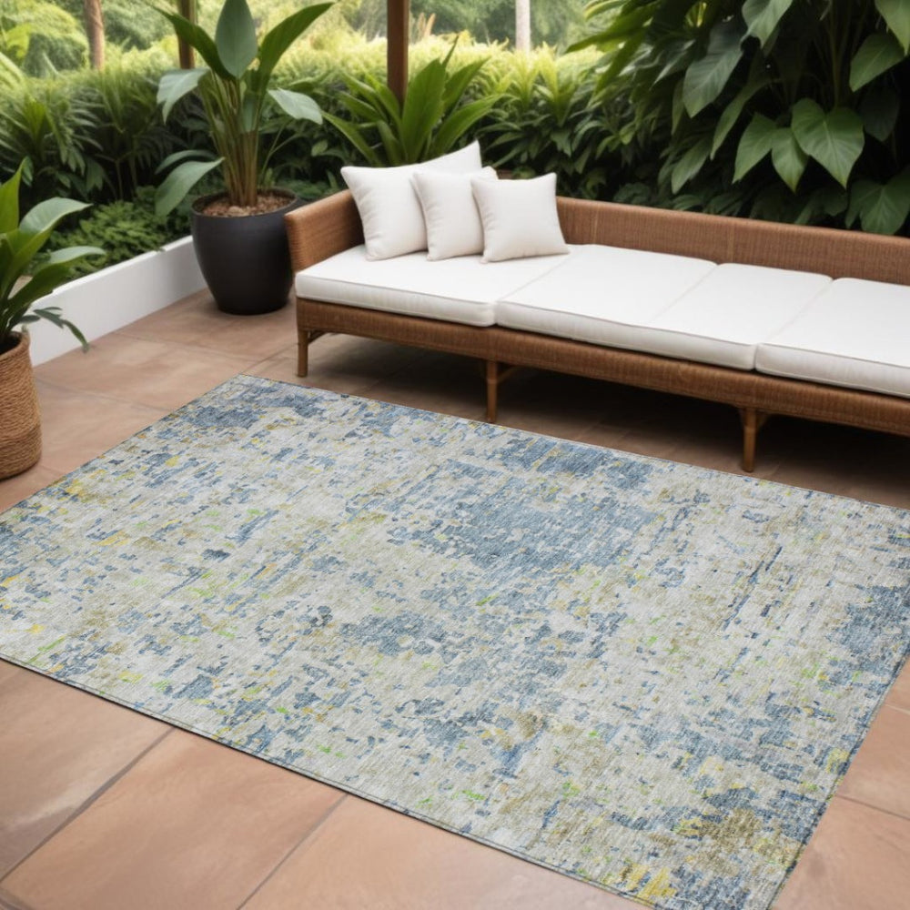 HomeRoots 9' x 12' Washable Blue-Gray & Green Abstract Area Rug - Stylish Indoor/Outdoor Design for Durability 604545