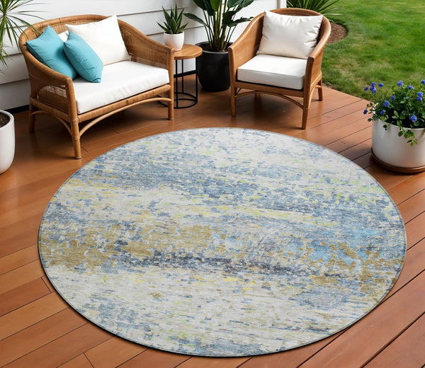 HomeRoots 5' Abstract Washable Area Rug in Blue, Green, and Ivory - Stylish Indoor/Outdoor Solution for Any Space 8' Round 604573
