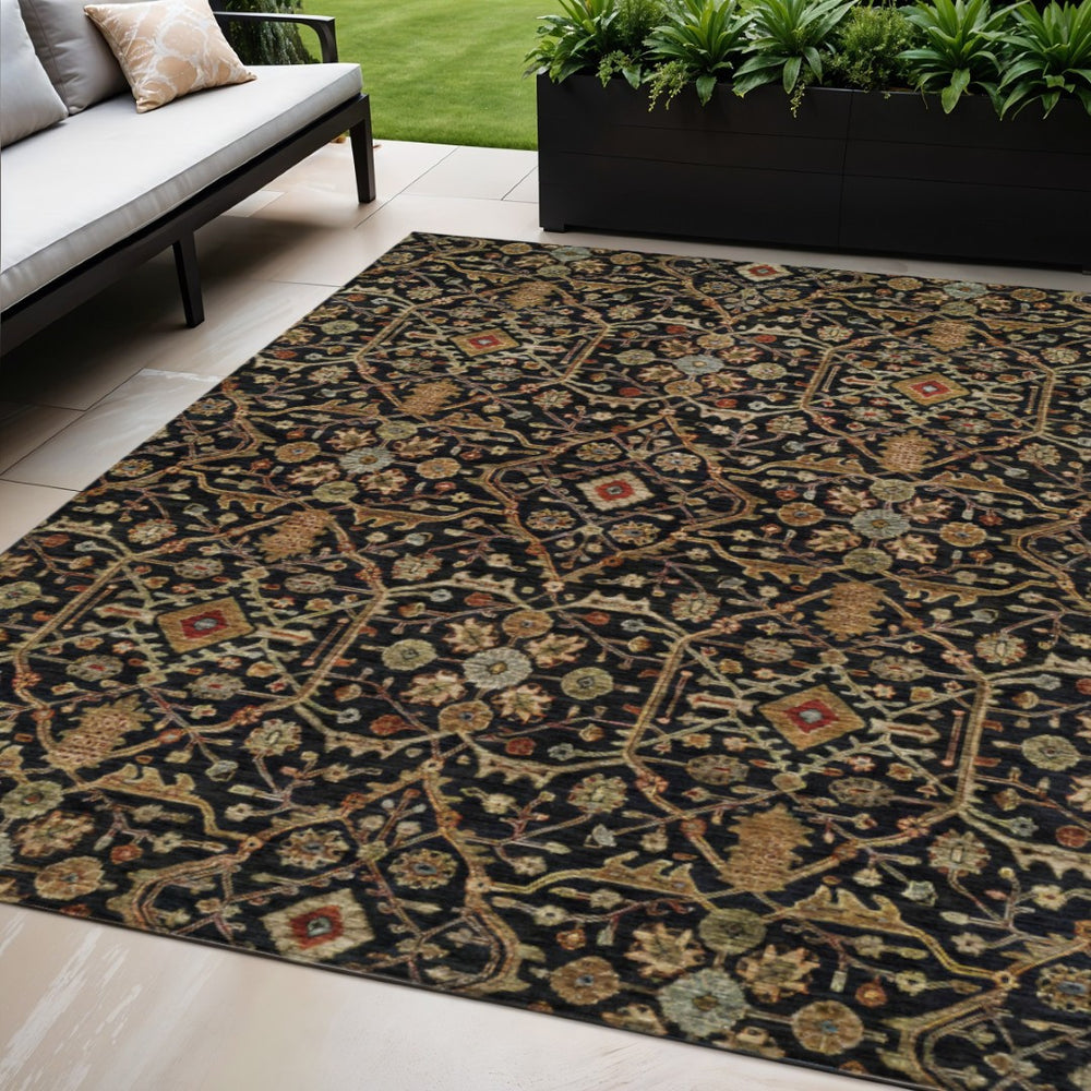 HomeRoots 5' Timeless Floral Area Rug - Durable, Washable Indoor/Outdoor Design in Black, Brown & Red 5' X 8' 604578