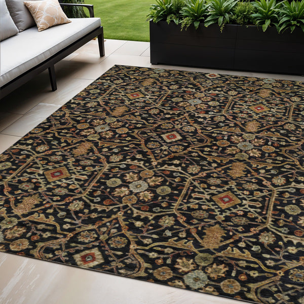 Homeroots 3' Black Brown Red Floral Washable Area Rug For Indoor Outdoor Spaces – Durable & Stylish Design 5' X 8' Polyester 604578