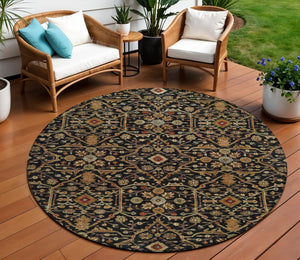 Homeroots 3' Black Brown Red Floral Washable Area Rug For Indoor Outdoor Spaces – Durable & Stylish Design 8' Round Polyester 604579