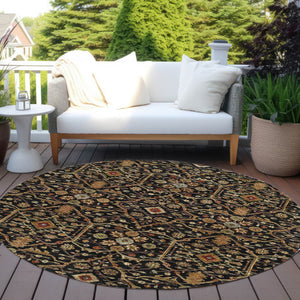 Homeroots 3' Black Brown Red Floral Washable Area Rug For Indoor Outdoor Spaces – Durable & Stylish Design 8' Round Polyester 604579
