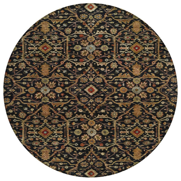 HomeRoots 5' Timeless Floral Area Rug - Durable, Washable Indoor/Outdoor Design in Black, Brown & Red 8' Round 604579