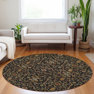 Homeroots 3' Black Brown Red Floral Washable Area Rug For Indoor Outdoor Spaces – Durable & Stylish Design 8' Round Polyester 604579