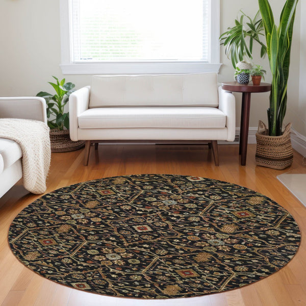 Homeroots 3' Black Brown Red Floral Washable Area Rug For Indoor Outdoor Spaces – Durable & Stylish Design 8' Round Polyester 604579