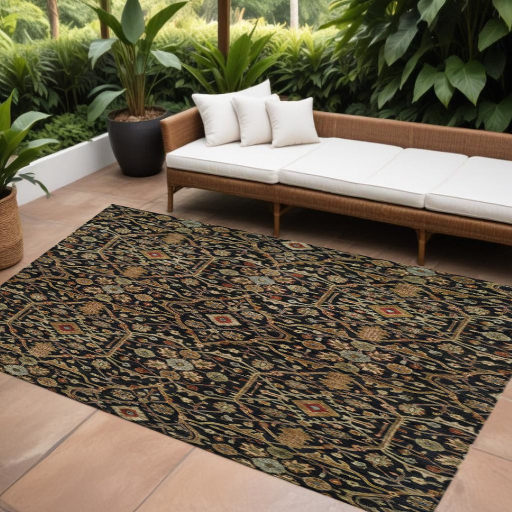 HomeRoots 9' Washable Black, Brown & Red Floral Area Rug - Durable, Stylish Indoor/Outdoor Accessory for Homes 604581