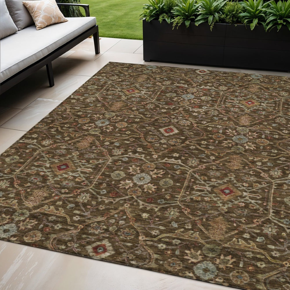 HomeRoots 5' Timeless Floral Washable Area Rug in Chocolate, Red & Green - Perfect for Indoor & Outdoor Use 5' X 8' 604584