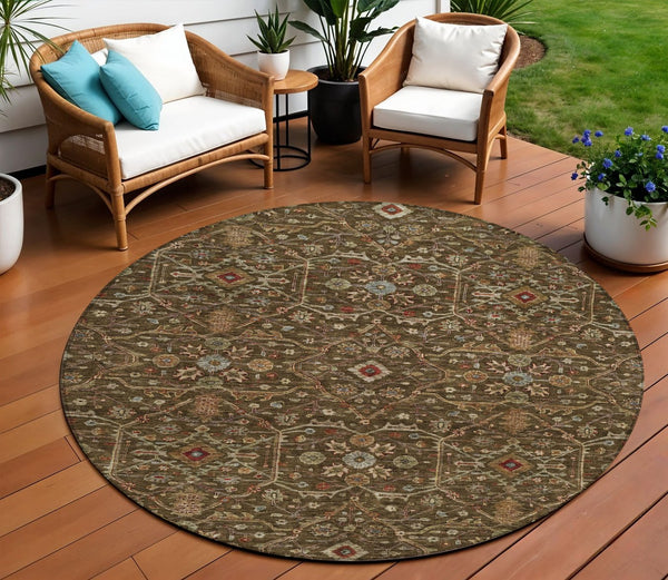 Homeroots 3' Black Brown Red Floral Washable Area Rug For Indoor Outdoor Spaces – Durable & Stylish Design 8' Round Polyester 604585